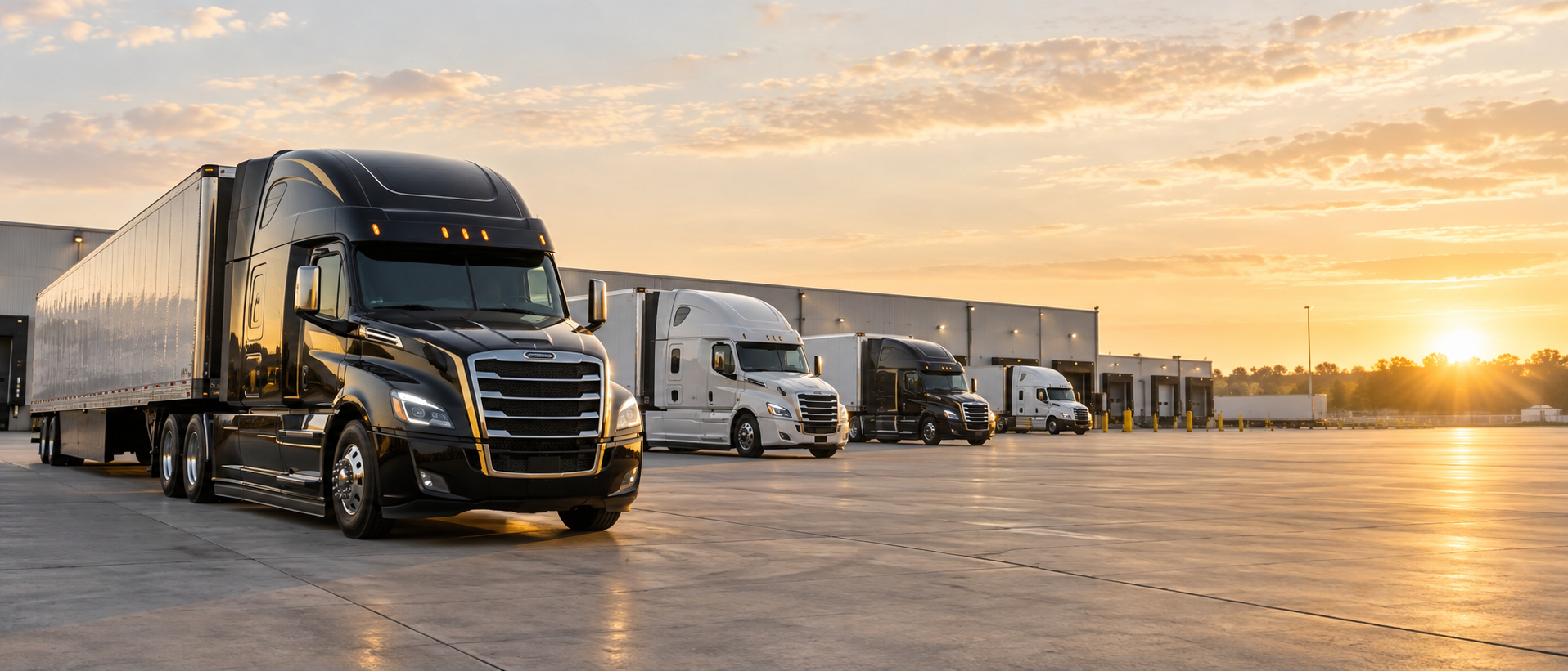 Modern fleet of American semi trucks at a logistics terminal